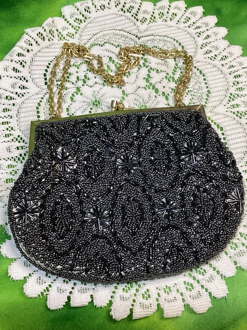 Vintage Black Beaded Evening Clutch with Gold Chain Handmade Hong Kong Kiss Lock